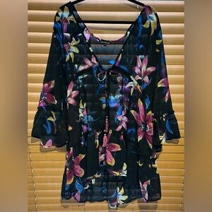 Club Z Collection Black Floral Tie-Front Sheer Bathing Suit Cover size 1XL